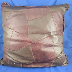 Vintage 1970s Leather Patchwork Throw Pillow 17x17 Brown